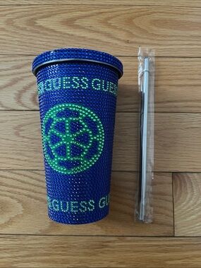 GUESS Blue and Green Rhinestone Logo Tumbler Cup